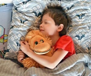 Garçon qui dort dans son lit avec son doudou